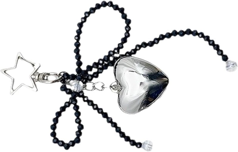 Black Cute Love Heart Phone Chain with Beaded Bowknot Dainty Hanging Decoration - Image 5